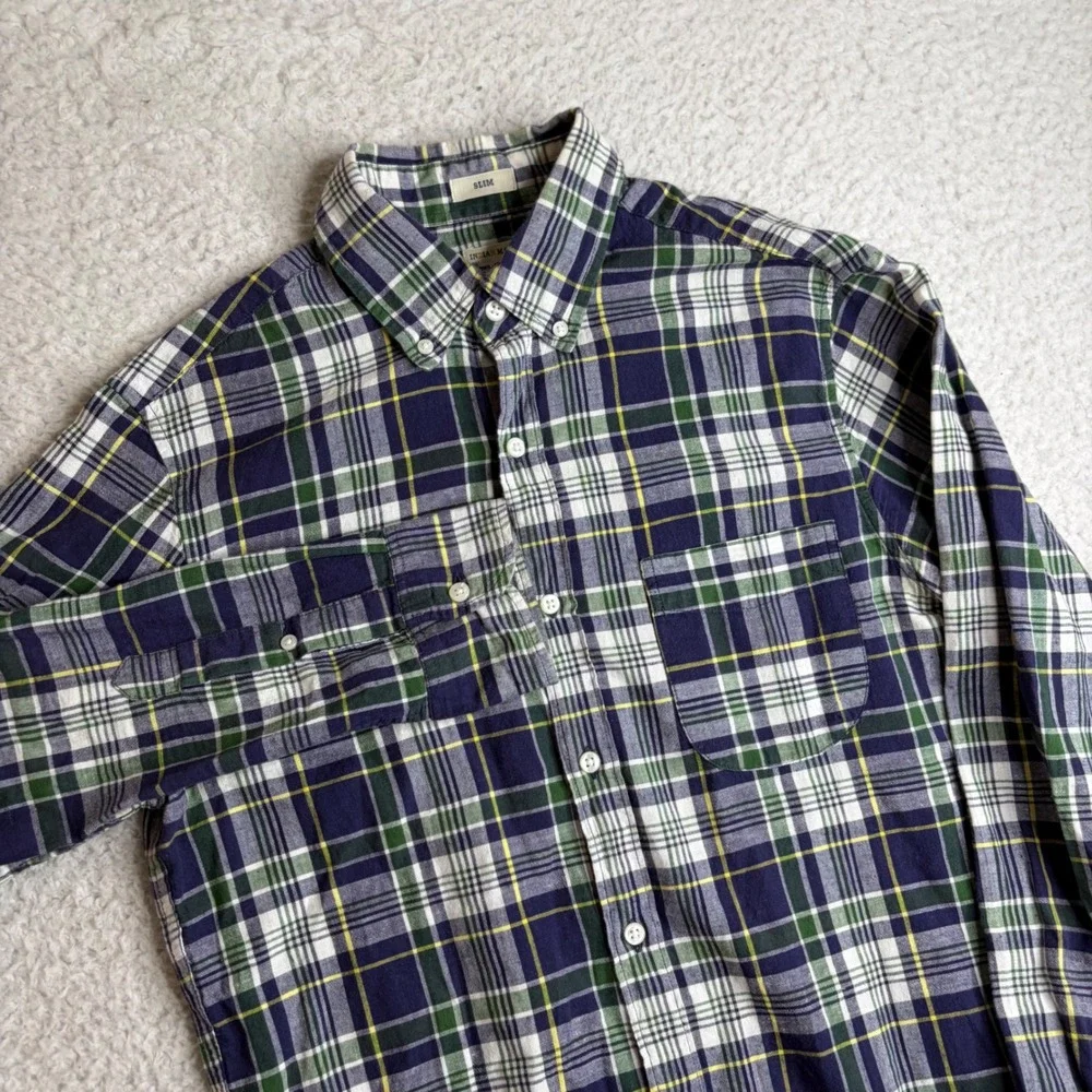 J. Crew Indian Madras Shirt Mens Small Slim Fit Plaid Button Down Navy Green
